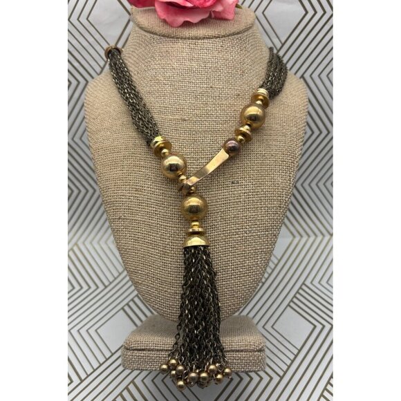 STELLA & DOT "Bianca" Lariat Gold & Bronze Tone Tassel Necklace 32"  Front Hook - Picture 1 of 9